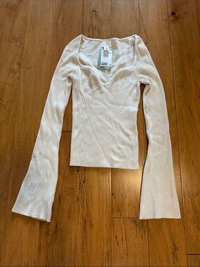 H&M Cream Ribbed Scoop Neck Long Sleeve Top